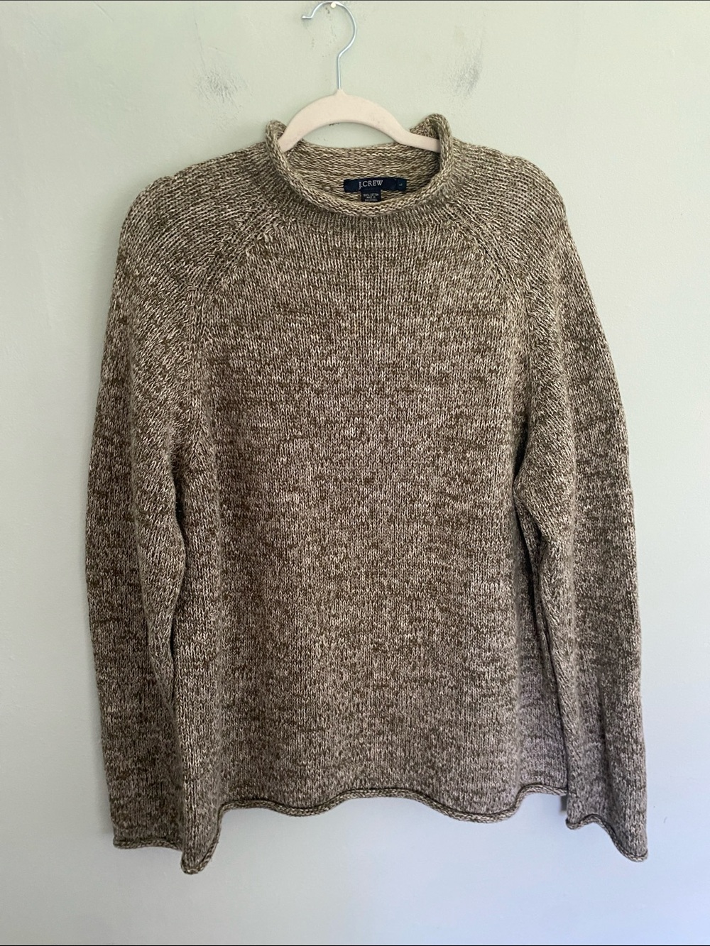 J. Crew Rolledneck Mock neck Sweater Size Large 100% cotton Green & cream